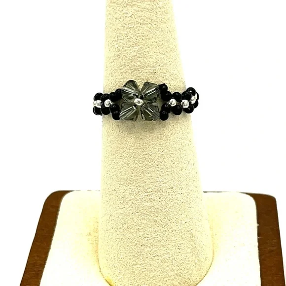 HAND CRAFTED Black and Silver Crystal Ring - Picture 2 of 3